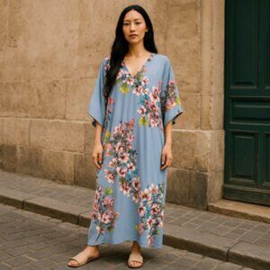 Natori Floral Print Caftan Lounge Dress Kimono Sleeve Maxi Size Small